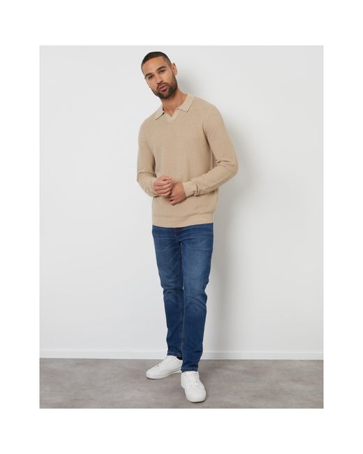 Threadbare Natural Brockholes Long Sleeve Knitted Polo Shirt for men