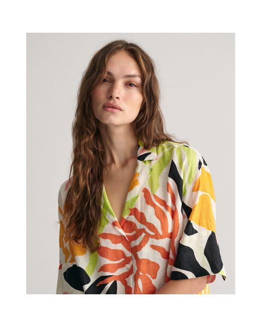 Gant Orange Relaxed Fit Palm Print Linen Short Sleeve Shirt