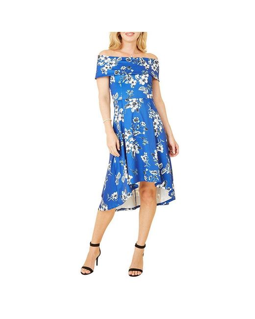 Mela London Blue Floral Bardot Dipped Hem Slip Dress