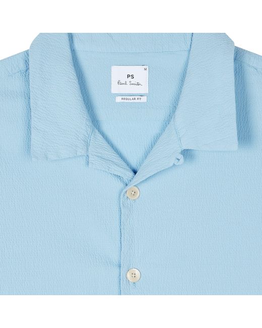 Paul Smith Blue Seersucker Short Sleeve Plain Shirt for men