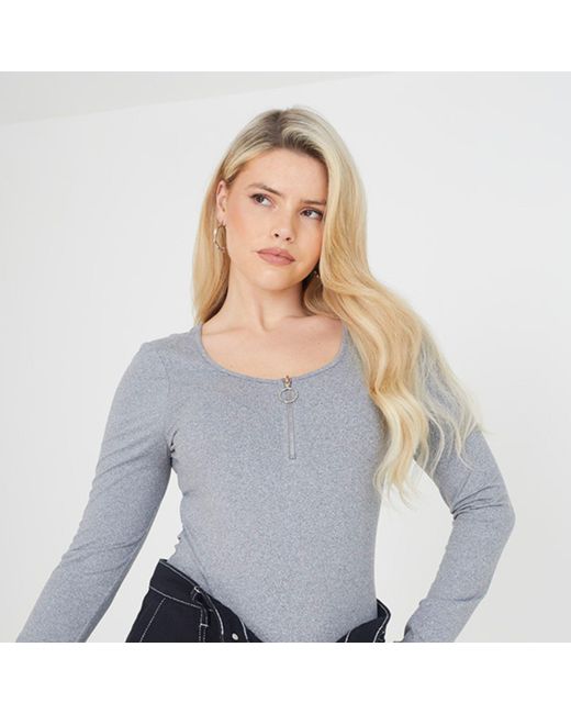 Brave Soul Gray Long Sleeve Bodysuit With Quarter Zip