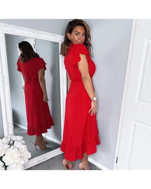 AX Paris Red Wrap Over Frill Hem Short Sleeve Midi Dress