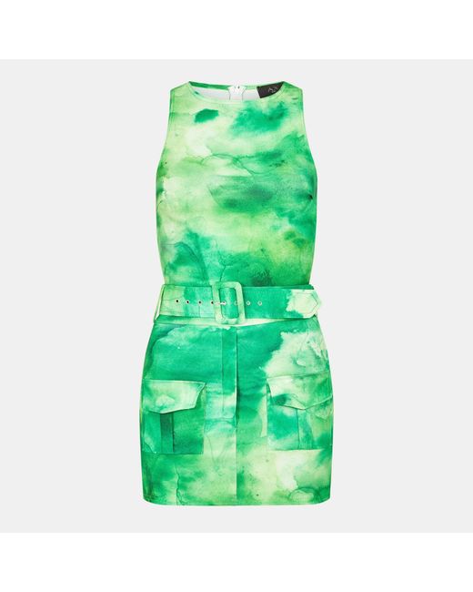 AX Paris Green Tie Dye Round Neck Belted Skort Cargo Playsuit