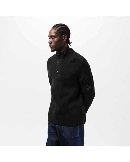 C P Company Black Quarter Button Knitted Turtle Neck Jumper for men