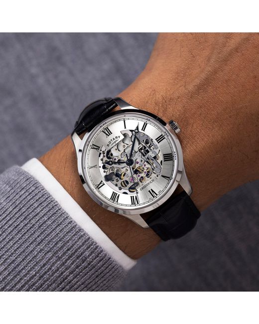 Rotary Metallic Greenwich Ss Leather Strap Watc for men