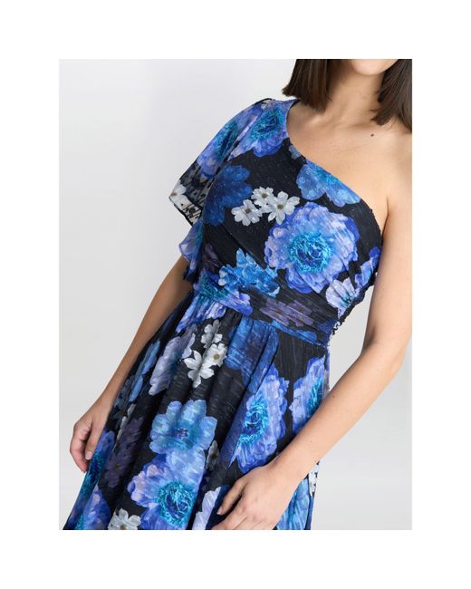Gina Bacconi Blue Briana One Shoulder Floral Print Dress