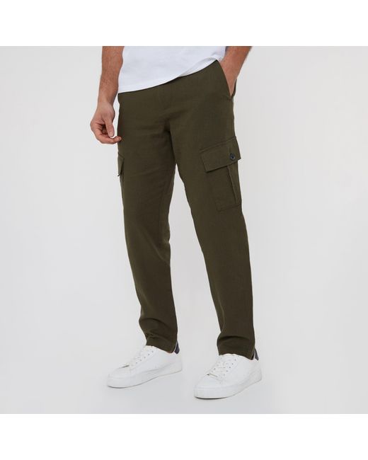Threadbare Green Linen Blend Cargo Trousers for men