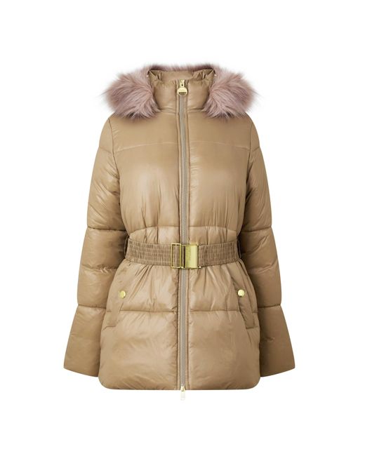 Barbour Natural Saskia Faux Fur Hood Long Sleeve Short Puffer Jacket