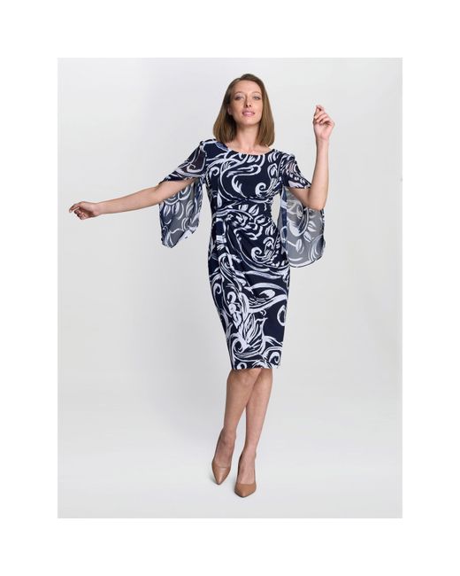 Gina Bacconi Blue Iga Abstract Print Cocktail Dress