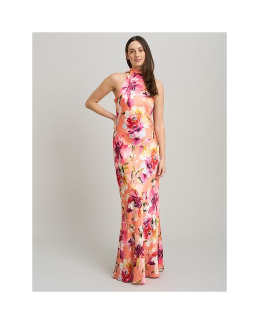 Gina Bacconi White Margo Satin Floral Print Tie Neck Dress
