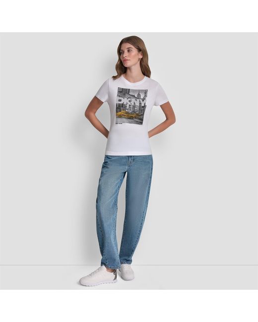 DKNY Gray Rhinestone Taxi Photoreal Logo Crew Neck Tee