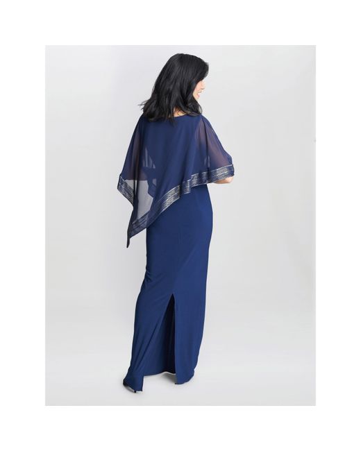 Gina Bacconi Blue Amber Maxi Asymmetrical Cape Dress