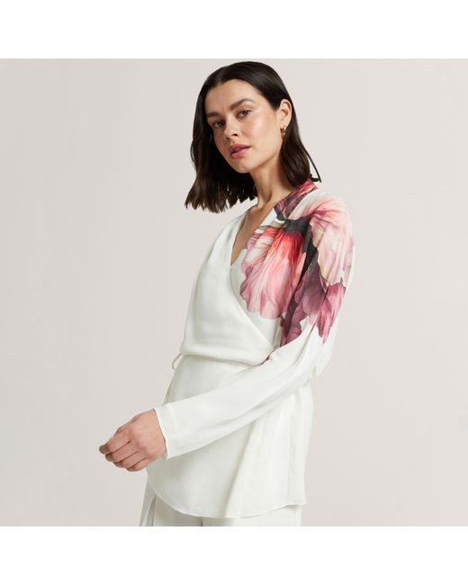 Ted Baker White Print Detail Wrap Front Long Sleeve Blouse