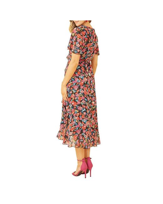 Yumi' Red Floral Midi Wrap Dress