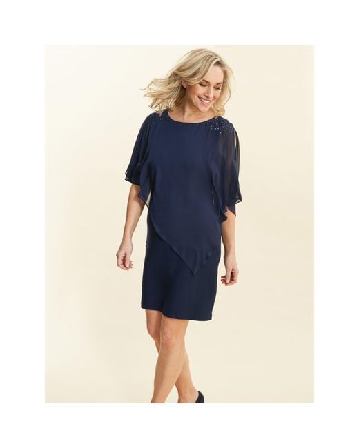 Gina Bacconi Blue Zenna Beaded Shoulder Chiffon Shift Dress