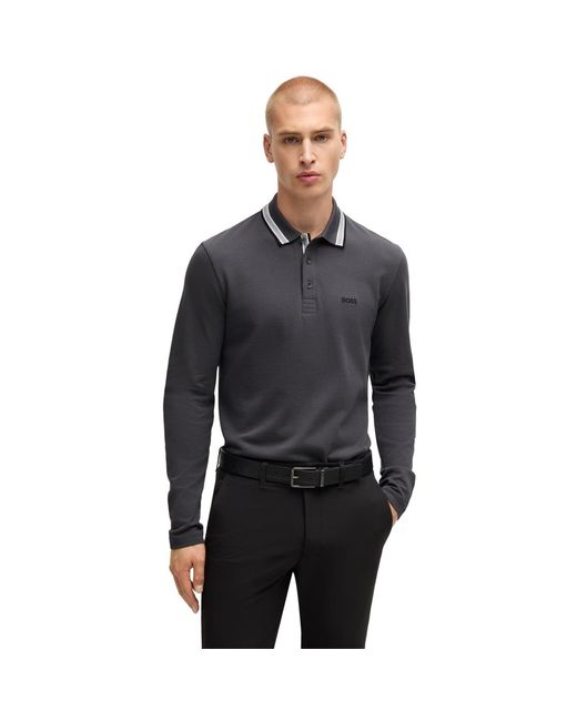 Boss Black Plisy Tipped Collar Cotton Long Sleeve Polo Shirt for men