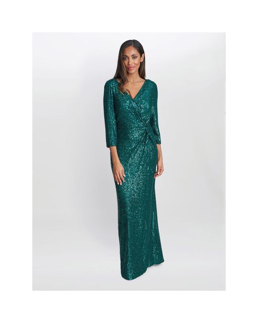 Gina Bacconi Green Jacynda Sequin 3/4 Sleeve Wrap Dress