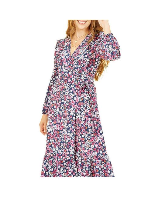 Yumi' Purple Daisy Print Midi Wrap Dress