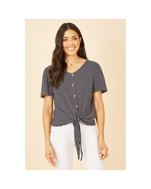 Yumi' Black Striped Jersey Button Detail Top