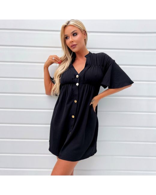 AX Paris Blue Button Up Ruched Detail Smock V-Neck Dress