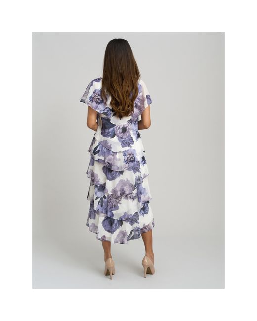 Gina Bacconi Blue Rena Midi Printed Tiered Chiffon Dress