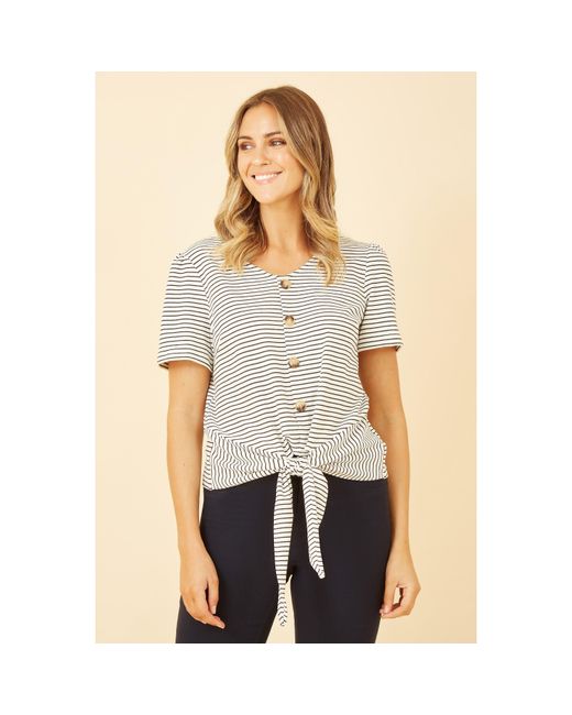 Yumi' Natural Striped Jersey Button Detail Top