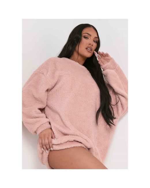 Missy Empire Pink Fluffy Borg V Back Jumper Dress