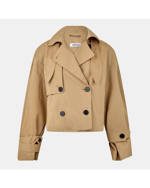 EDITED Natural Rosa Lightweight Cropped Double Breasted Cotton Long Sleeve Trench Coat