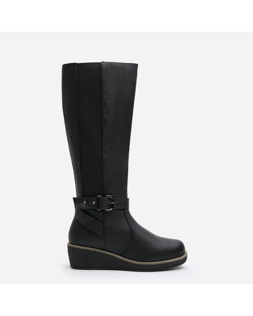 Where's That From Black Wheres Knee High Wedge Boots With Strap And Buckle