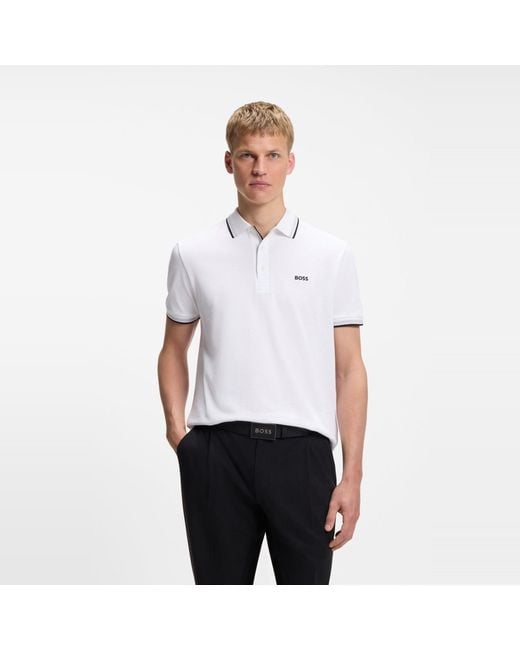 Boss White Paddy Polo Shirt With Contrast Tipping for men