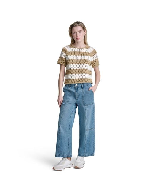 DKNY Blue Short Sleeve Raglan Stripe Pointelle Sweater