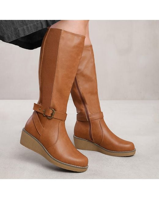 Where's That From Brown Ayleen Wide Calf Wedge Heel Knee High Boots With E
