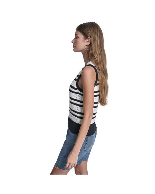 DKNY Blue Jeans Logo Pointelle Striped Sleeveless Sweater