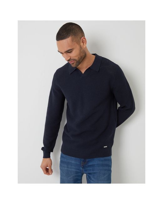 Threadbare Blue Brockholes Long Sleeve Knitted Polo Shirt for men