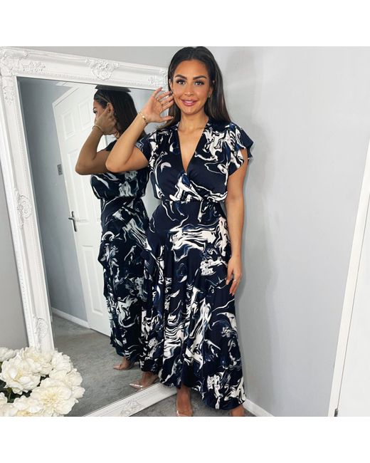 AX Paris Blue Marble Print Short Sleeve Ruffle Midi Dress