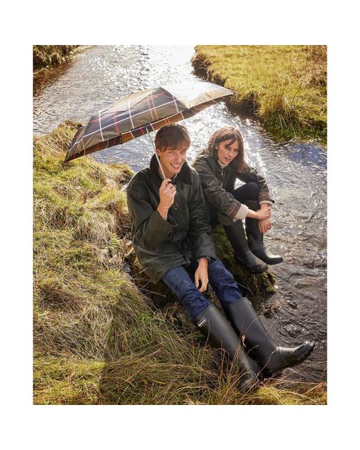 Barbour Gray Tartan Wooden Handle Walking Umbrella