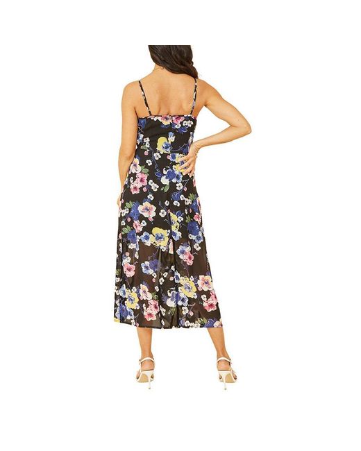 Yumi' Black Floral Strappy Midi Wrap Dress