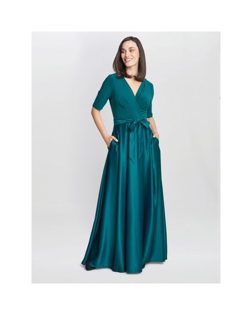 Gina Bacconi Blue Luna Satin Maxi Dress With Jersey Bodice