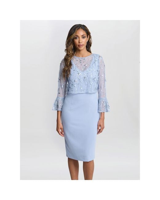 Gina Bacconi Blue Pippa Beaded Jacket Crepe Shift Dress