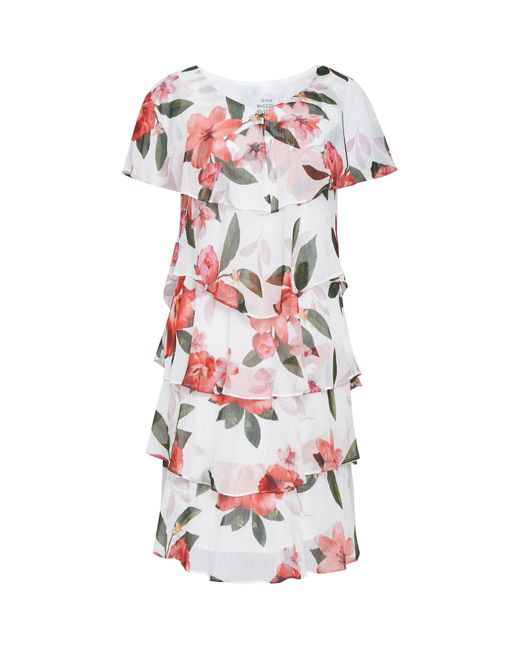 Gina Bacconi White Andie Floral Print Tiered Dress