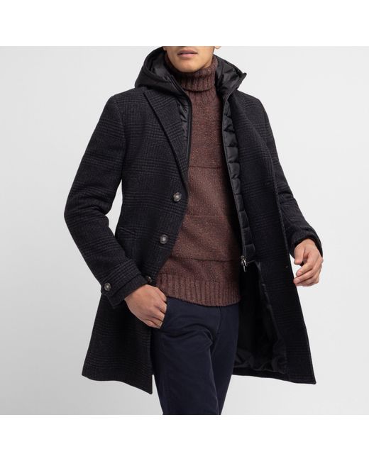 Eden Park Black Dark Prince Of Wales Pattern Wool Coat for men