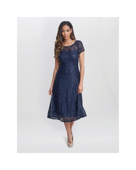Gina Bacconi Blue Genny Cap Sleeve Midi Sequin Lace Dress