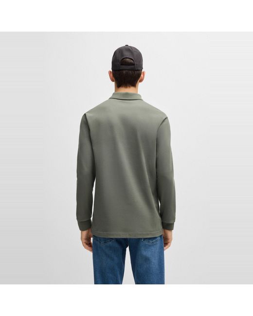 Boss Gray Passerby Premium Cotton Long Sleeve Polo Shirt With Logo Detail for men