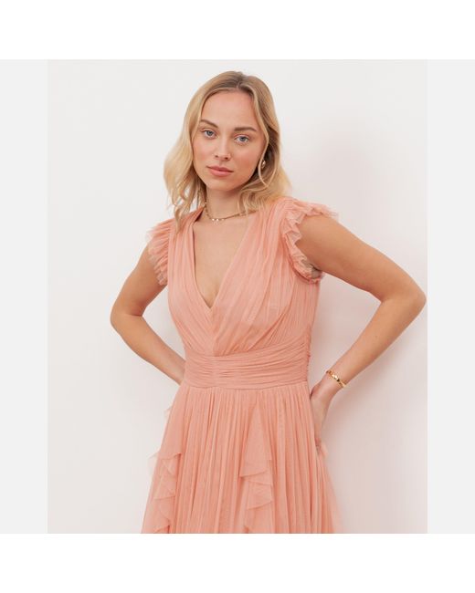Anaya with love Pink Recycled V Neck Midaxi Dress With Waterfall Ruffle Detail