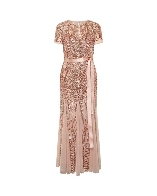 Gina Bacconi Brown Monique Embroidered Sequin Godet Dress