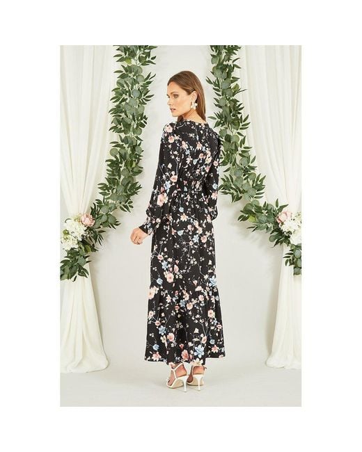 Yumi' White Floral Print Ruched Midi Dress