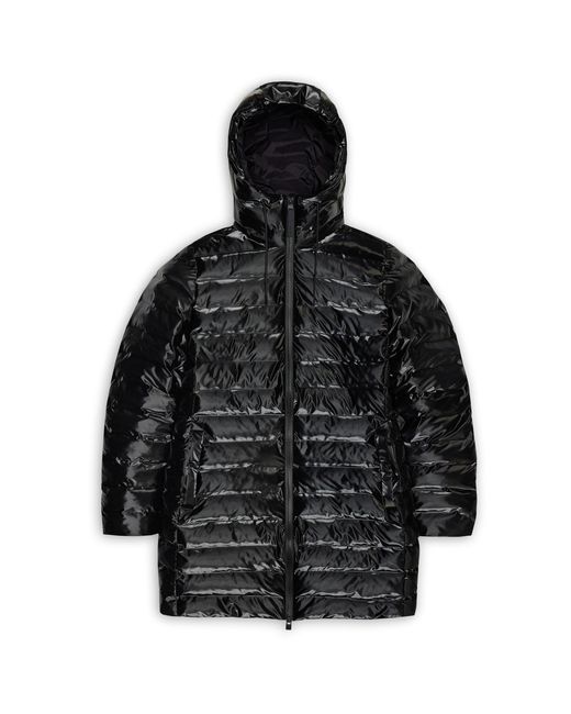 Rains Black Lohja Curve Hooded Funnel Neck Long Sleeve Long Puffer Jacket