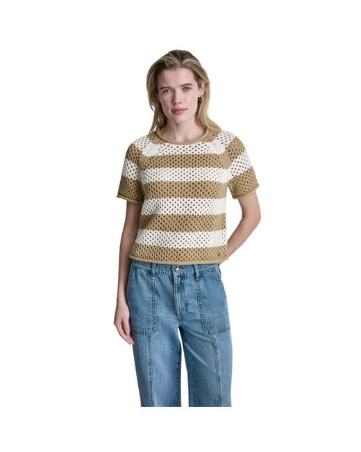 DKNY Blue Short Sleeve Raglan Stripe Pointelle Sweater