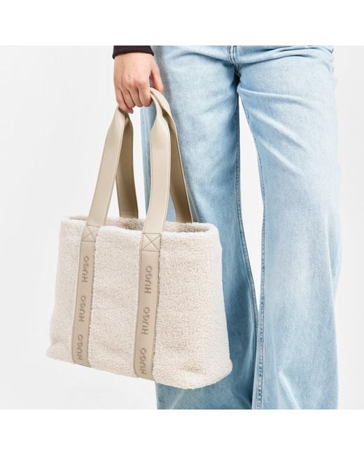 HUGO Natural Faux-Shearling Tote Bag With Logo Straps