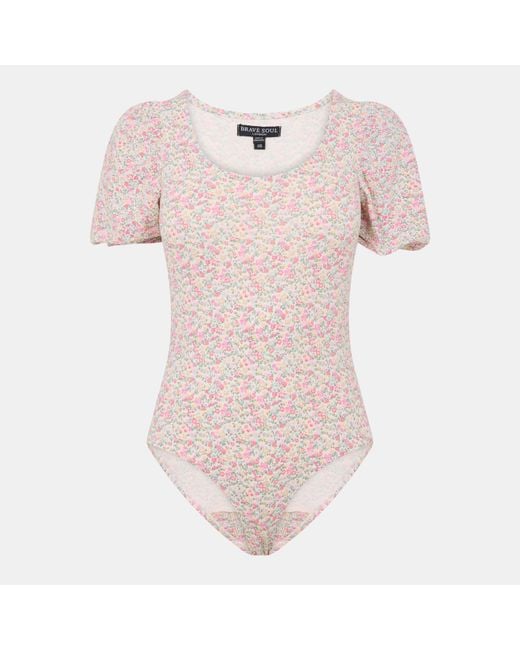Brave Soul Pink Ditsy Floral Puff Sleeve Bodysuit